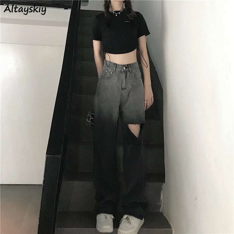 

Women Hole Jeans Gradient Vintage Straight High Waist Denim Trousers Harajuku Mopping Slim Students Retro Streetwear BF Ulzzang