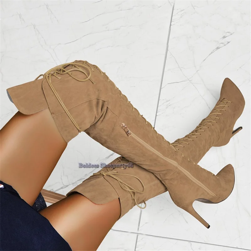 New Pointed Toe Over The Knee Sexy Lace Up Cover Knee Thin High Heel Overknee Woman Thigh High Heeled Long Botas Plus size