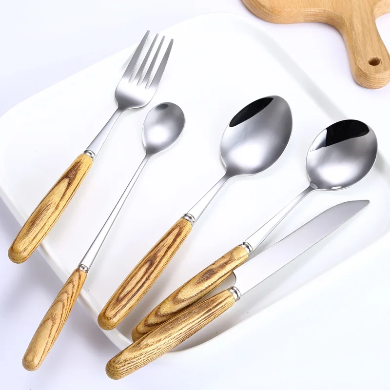 Flatware Wooden Handle Table Set Stainless Steel Cutlery Set Metal Silverware Forks And Spoon set Knife Dessert Spoons Sets