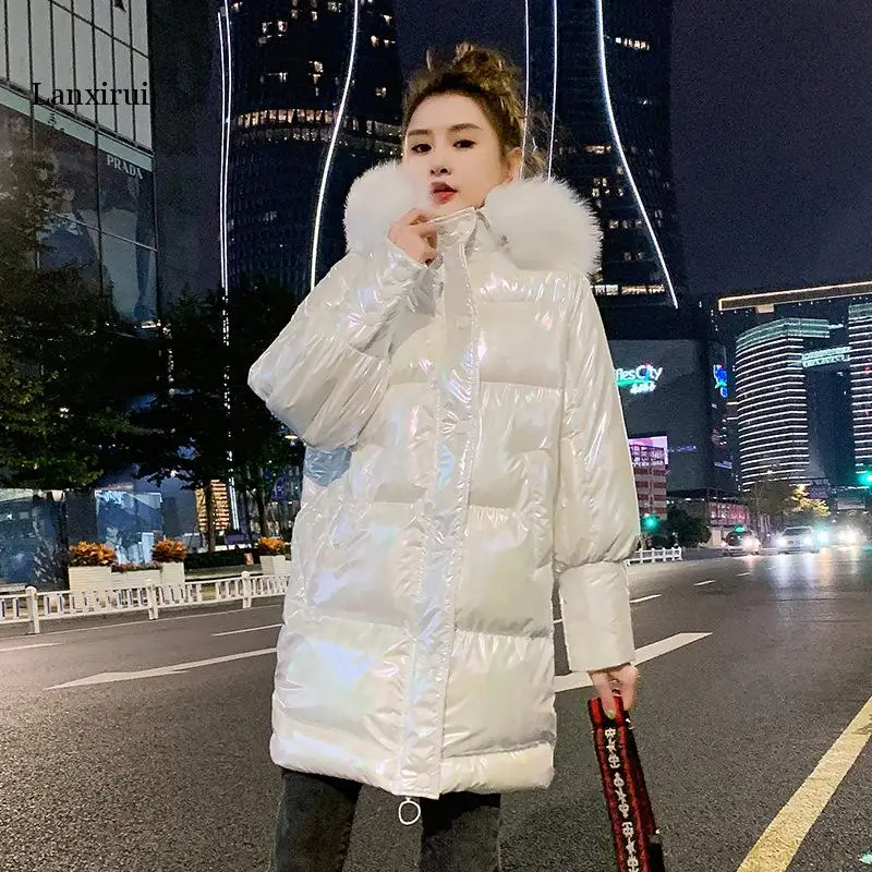 New Long Glossy Hooded Parka Jacket Women Warm Thicken With Fur Collar White Long Winter Coats Parka