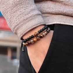2pcs/pair Mens Bracelet Natural Tiger eye Beads Braslet Luxury Zirconia Strand Brazalete Male Accessories Boyfriend Gift