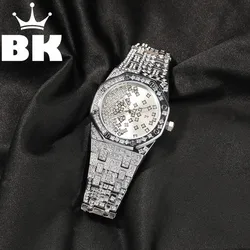 Hip Hop Full Iced Out Full Drill Star Watch Stainless Steel Fashion Luxury Colorful Rhinestones Quartz Square Business Watch