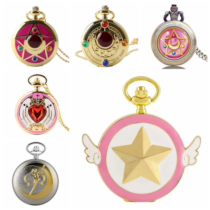 Rhinestone Cartoon Sakura Anime Japanese Anime Stars Moon Quartz Pocket Watch Fashion Stars Women Necklace Pendant Chain Gifts