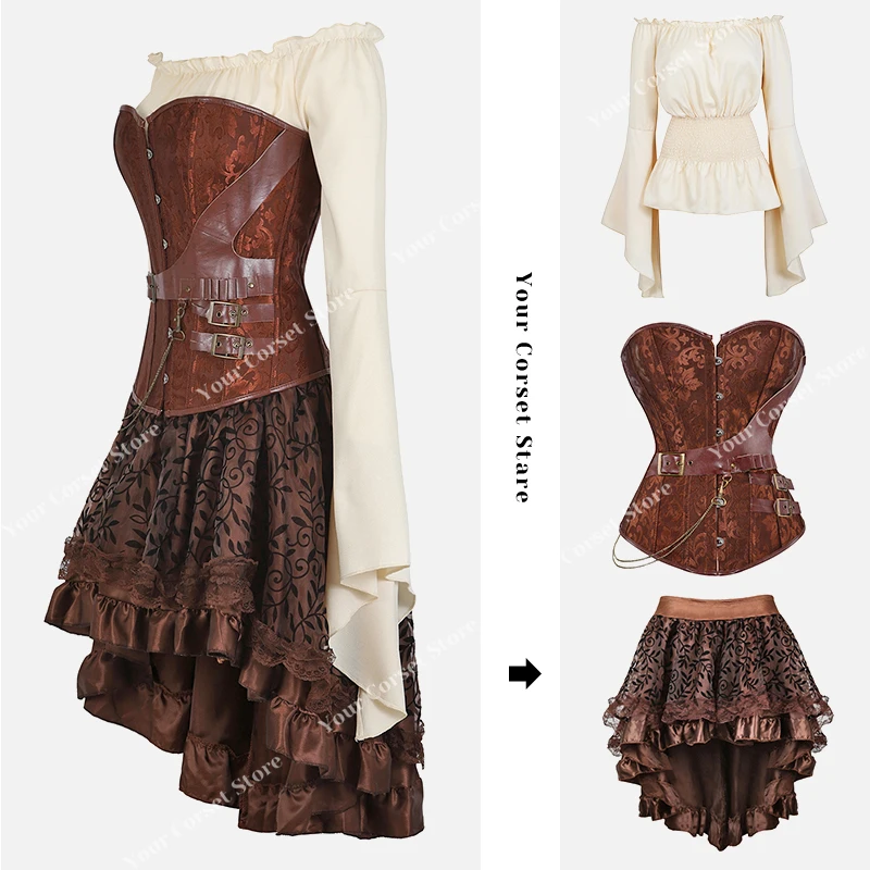 Women Pirate Costumes for Women Steampunk Corset Dresses for Women Pirate Cosplay Costume Renaissance Corset Dress Brown