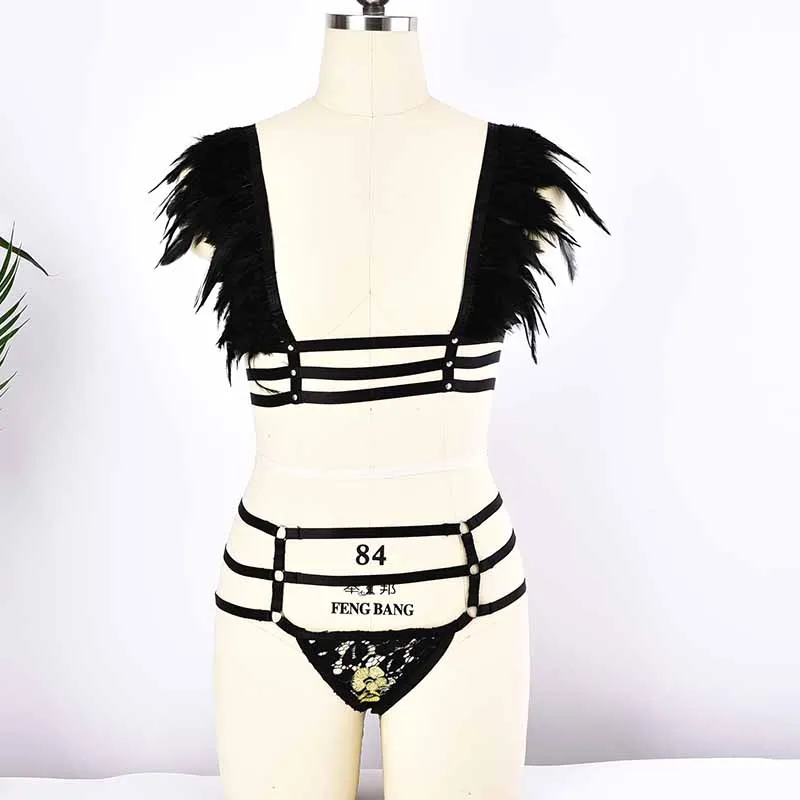 

Black Feather Bra Lingerie Harness Halter Cage Top Lace Pantie High Waist Thong Feather Epaulette Shoulder wings Dance Rave