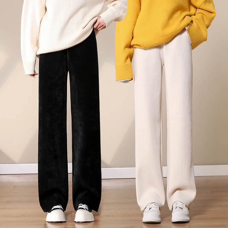 Women Warm Winter Plush Thick Pants Lambskin Cashmere Corduroy Trousers High Waist Casual Cotton Loose Female Wide Leg Pants