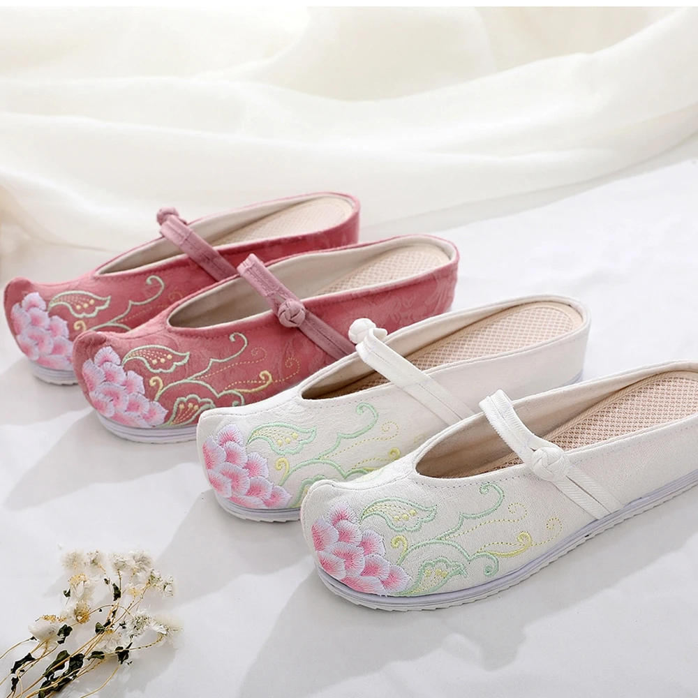 Veowalk Retro Embroidered Women Jacquard Wedge Slippers Mules Summer Ladies Soft Comfortable Hanfu Sliders Shoes Platforms