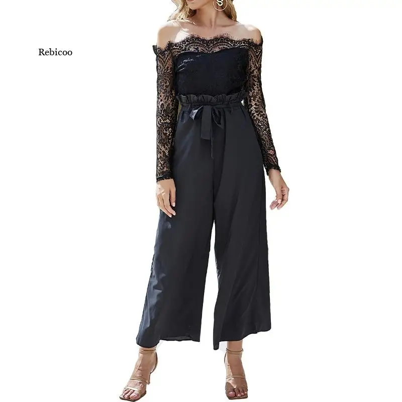 

Sexy Women's Jumpsuit Patchwork Lace Off Shoulder Hollow Long-Sleeved Wide Leg Romper Female 2021 Summer Lady Elegant Jumpsuits