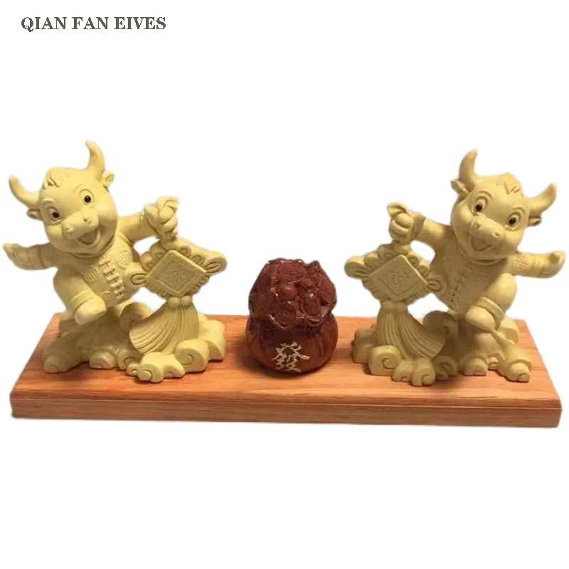 Solid wood festive statue of the Year of the Ox, Hand carved，Zodiac ox ornaments，Home decoration accessories Chinese gifts