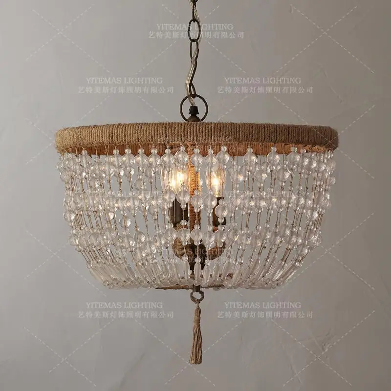French Style Vintage Crystal Bead Chandelier K9 Crystal 3 Lights Hanging Chandelier Rope Light For Bedroom  Kitchen Baby Room