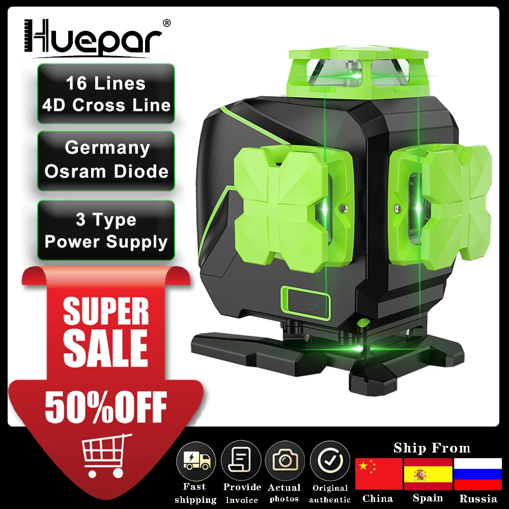 Huepar 16 lines 4D Cross Line Laser Level 4*360 Self-leveling Green Beam Lines with USB Charge Use Dry & Li-ion Battery S04CG-L