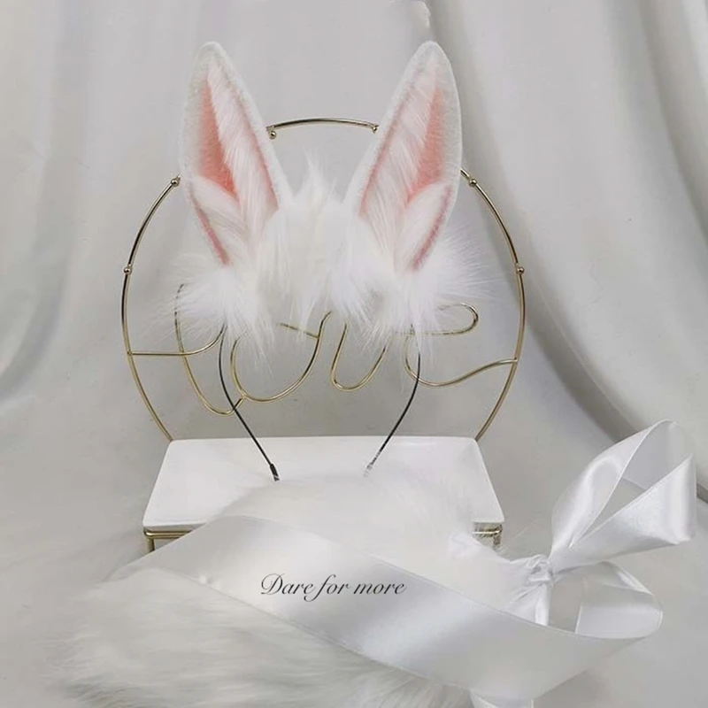 

White Rabbit Bunny Ears Hairhoop Fold Headwear Headband Handmade Work For Anime Game Halloween Costume Accessories