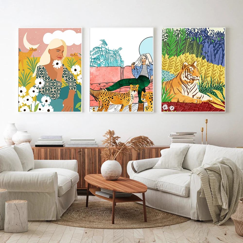 

Скандинавская абстрактная картина с изображением животных и тигра, верблюды, растения в пустыне, цветы, холст, картина, настенные художественные постеры, принт, декор для гостиной