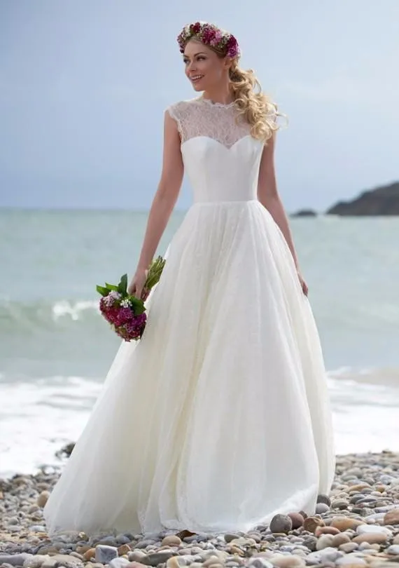 Robe de mariée en dentelle blanche, ligne a, col haut, manches cape, longue, sur mesure, bon marché