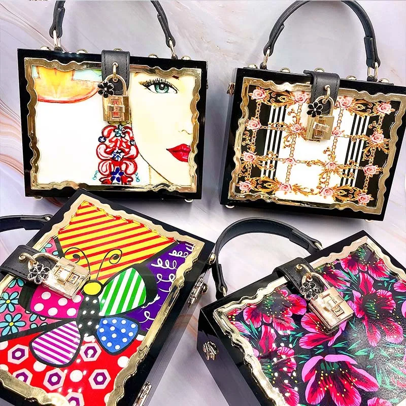 Fashion Flower Pattern Box Style Party Handbag Clutch Luxury Women Purses  Acrylic Designer Crossbody Bag Black Shoulder Bag