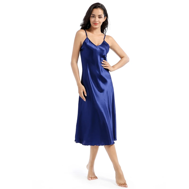 Summer solid Women's Sleepwear Female Sexy Spaghetti Strap Nightgown Rayon Nightdress Short Robe Dress Gown plain Long #4150