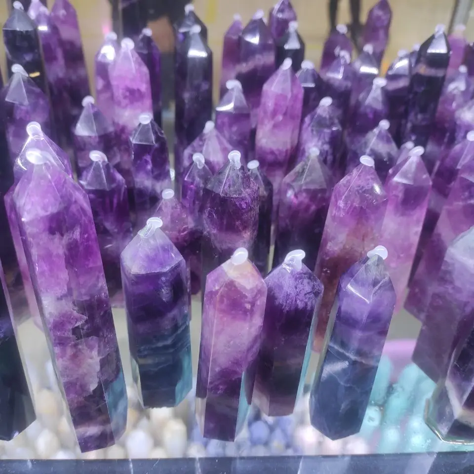 1pcs 6-8cm Natural Fluorite Crystal Colorful Striped Fluorite Quartz Crystal Stone Point Healing Hexagonal Wand Treatment Stone