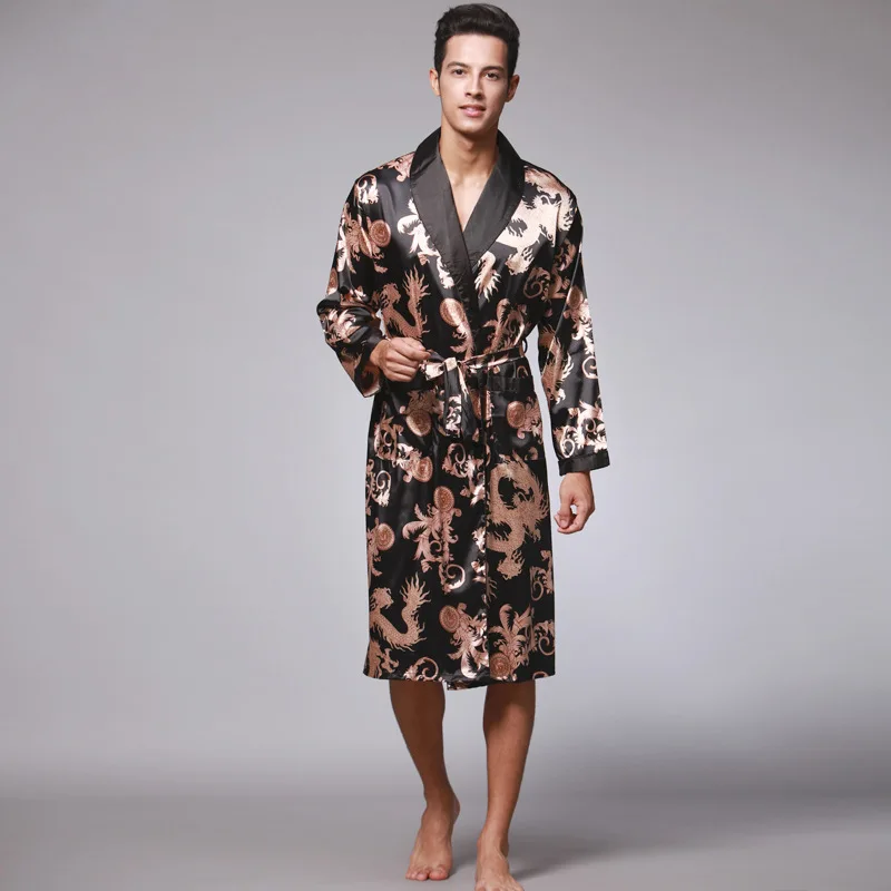 Men Sleepwear Shower Robe Bathrobe Man Pajama with Belt Imitation Silk Printing Bathrobe Satin Pijama Hombre Pyjama Loungewear