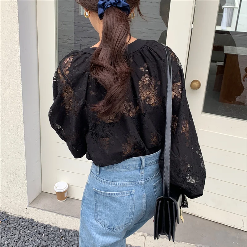 2021 Spring Women Shirts Fashion Carved Lantern Long Sleeve Autumn Black Lace Shirt Tops Loose Blouse Cardigan Clothes 10202