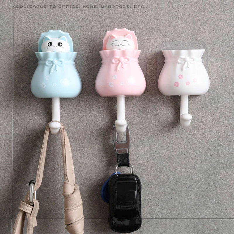 Cute Cat Hook Wall Key Hooks Removable Refrigerator Kitchen Strong Seamless Sticky Hook Household Creative Decorative Hooks