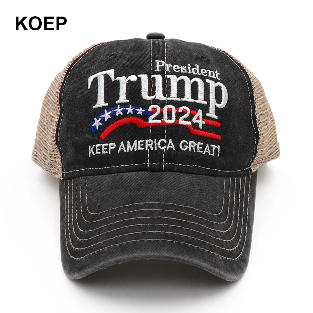 KOEP New Donald Trump 2024 Cap Washed Mesh Baseball Caps Keep America Great Snapback President Hat Embroidery Drop Shipping