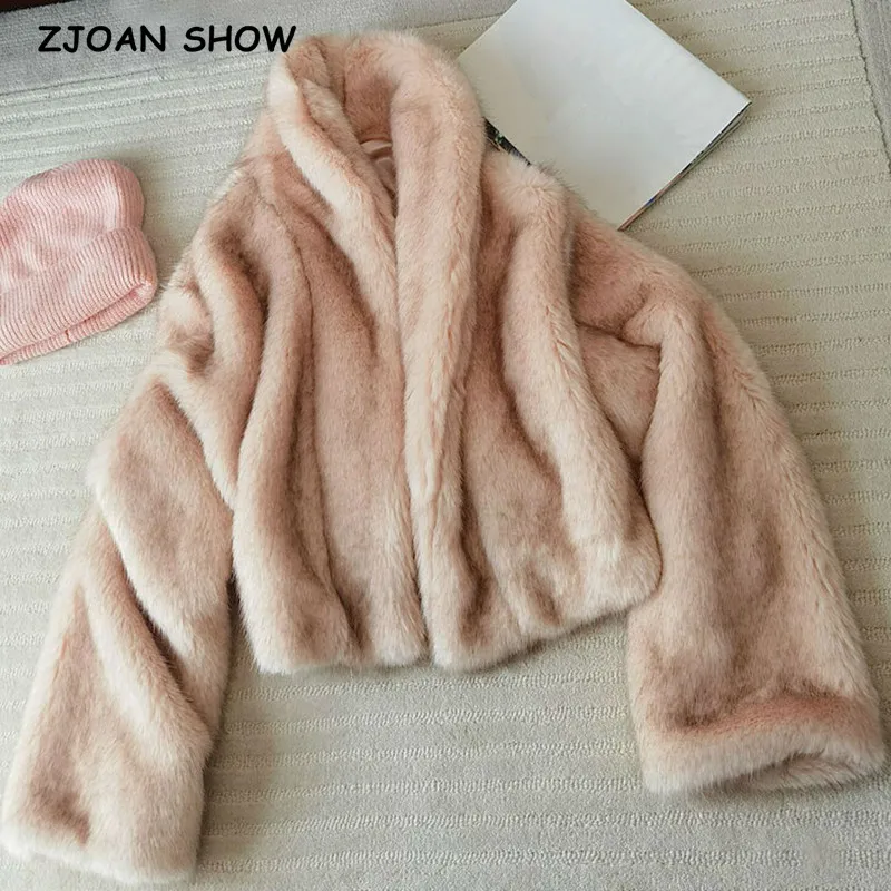 Winter Turn down Collar Lapel Hairy Shaggy Soft Faux Fur Coat Green Women Long Sleeve Furry Fur Warm Jacket Short Outerwear