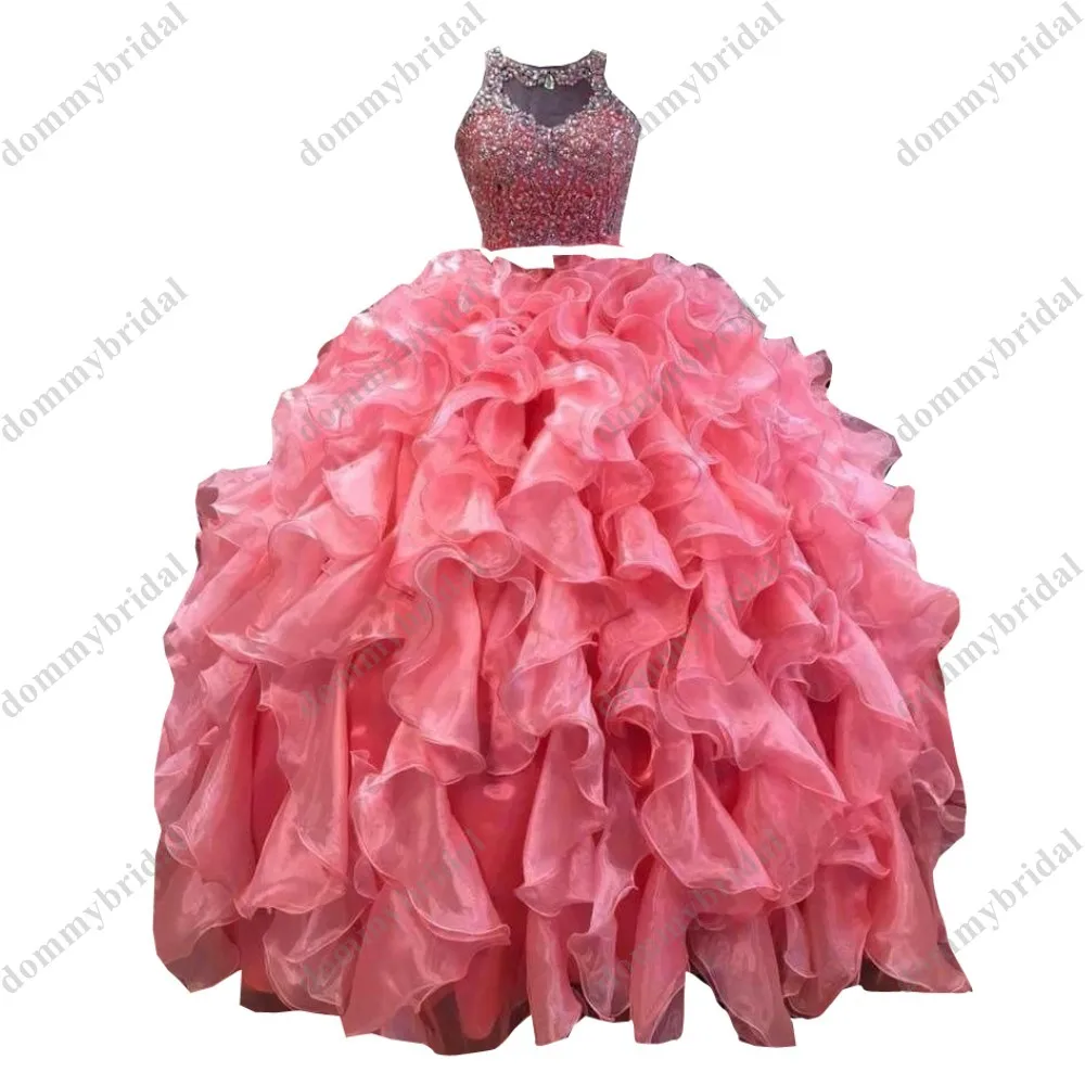 2022 popular hortelã duas peças vestido de baile barato quinceanera vestido sheer neck babados cristal formatura formal vestidos longos