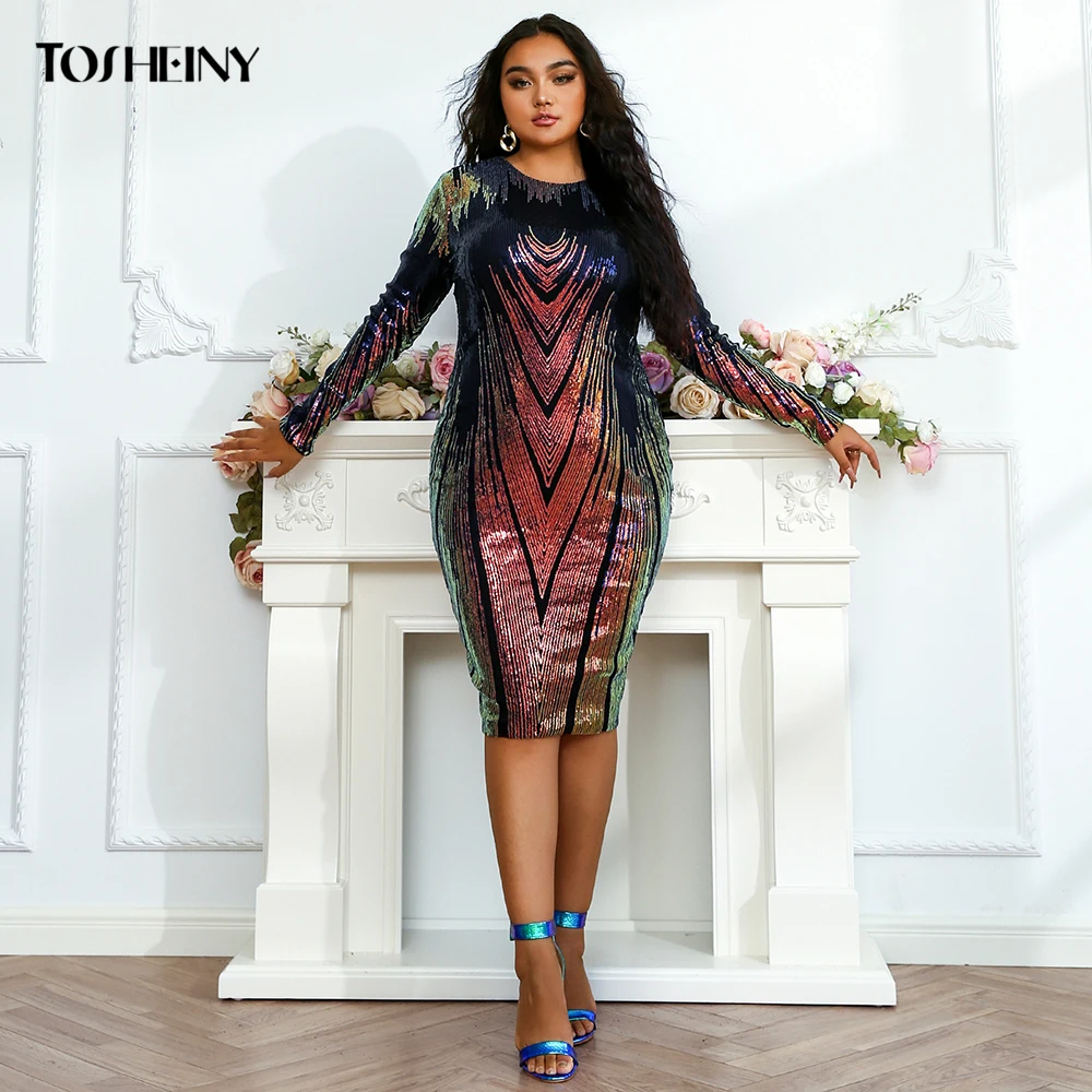 Tosheiny Woman Plus Size Dress Elegant Sexy Midi Sequins Long Sleeve Party Evening Vestidos Bodycon Fashion Curve