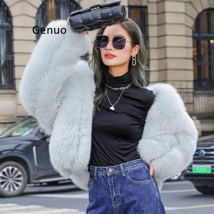 Women Faux Fox Fur Coat Winter Fashion Sky Blue Long Luxury Fake Fox Fur Jacket with Lapel Collar High Quality Overcoats Outwear