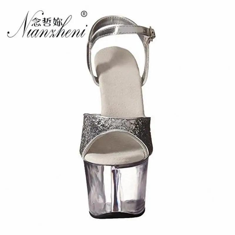 Sexy Bling Flash powder Crystal Thick platform Concise Elegant Big Size Women's sandals 17cm High heeled shoes 7 inches Novelty