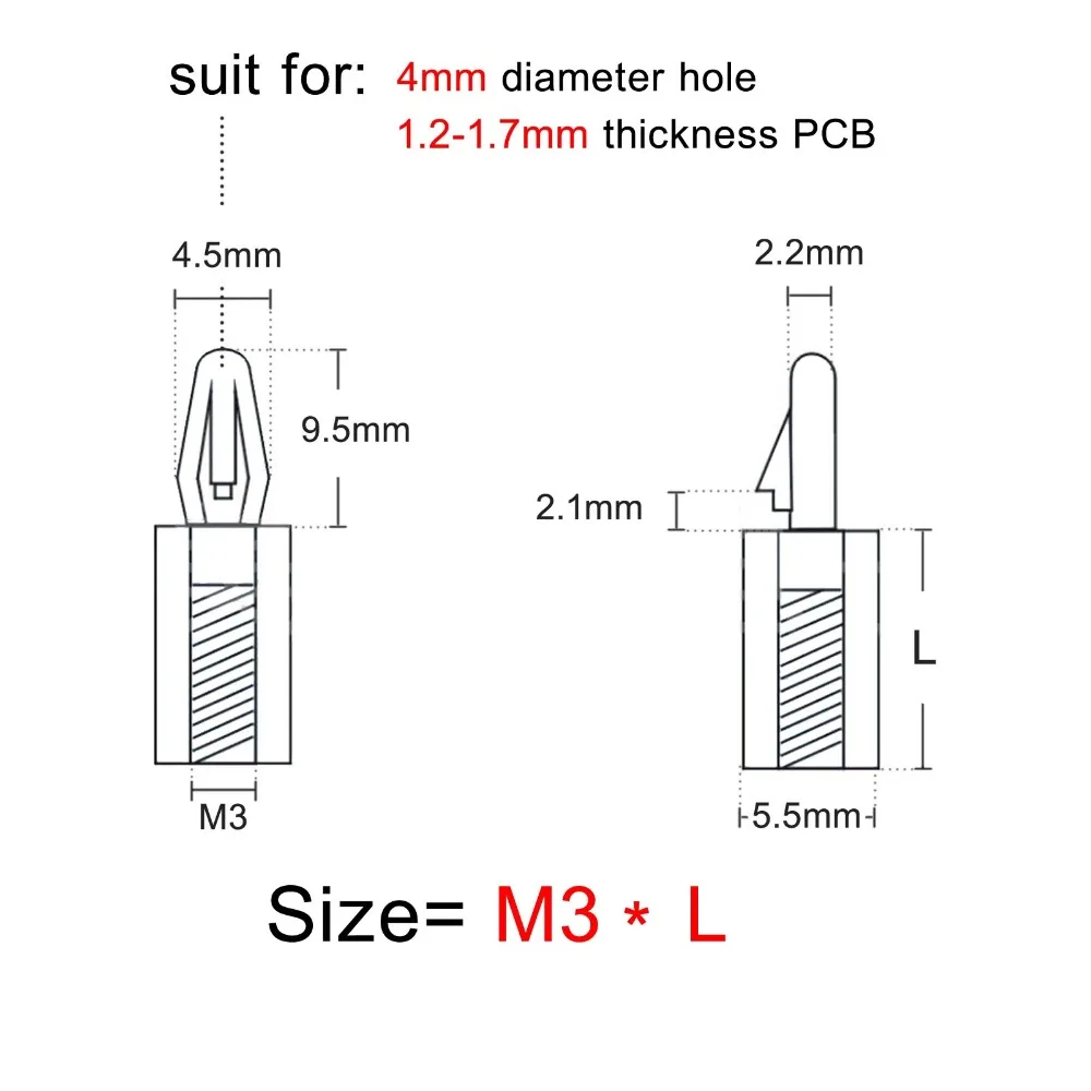 HZYUEGOU 50 Stück M3 Sechskant-Nylon-Abstandshalter, Schraubensicherung, Clip-on, Push-in, feste Halterung für Leiterplatten, für 4 mm Loch – Detail 1