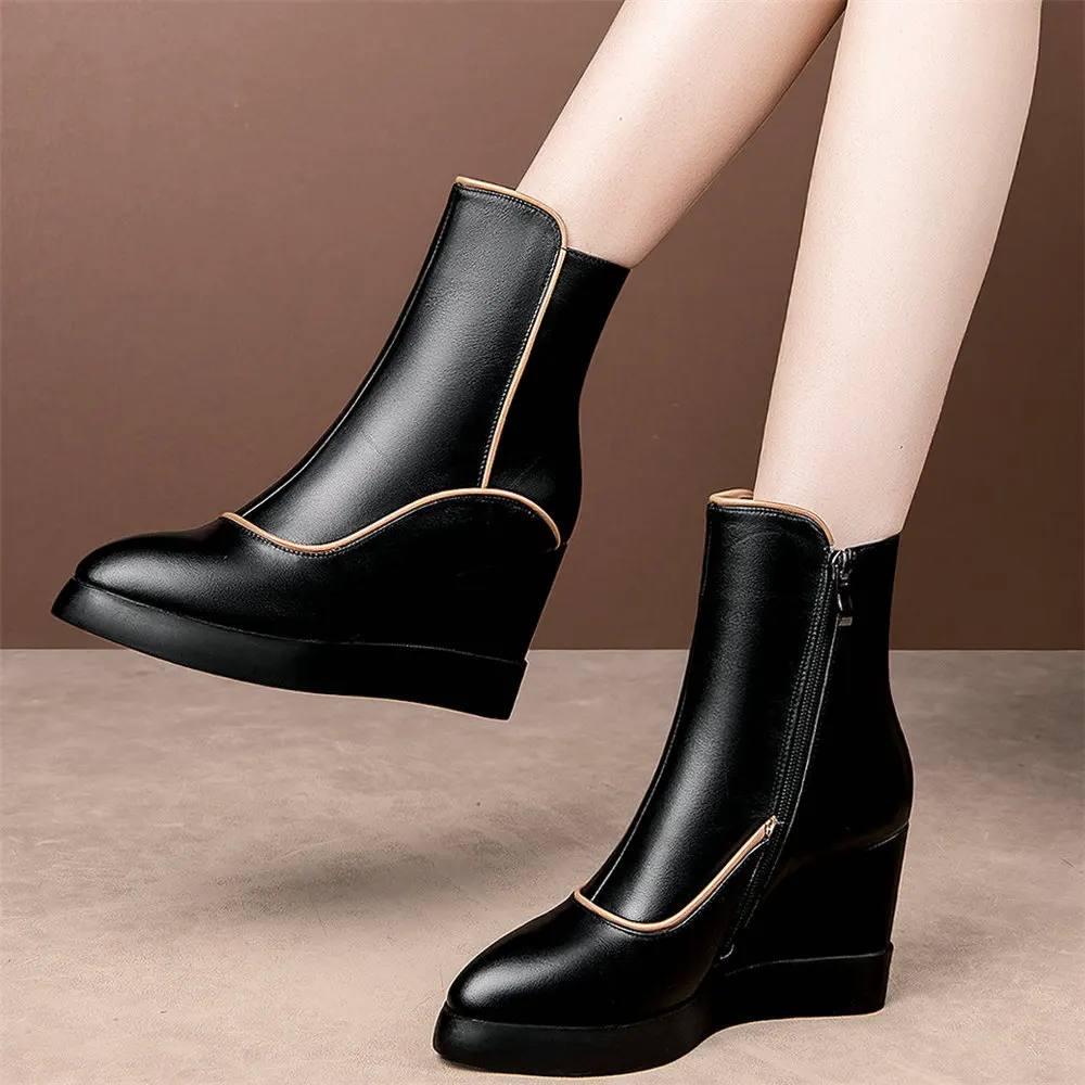 High Top Pumps Shoes Women Genuine Leather Wedges High Heel Ankle Boots Female Winter Pointed Toe Fashion Sneakers Casual Shoes