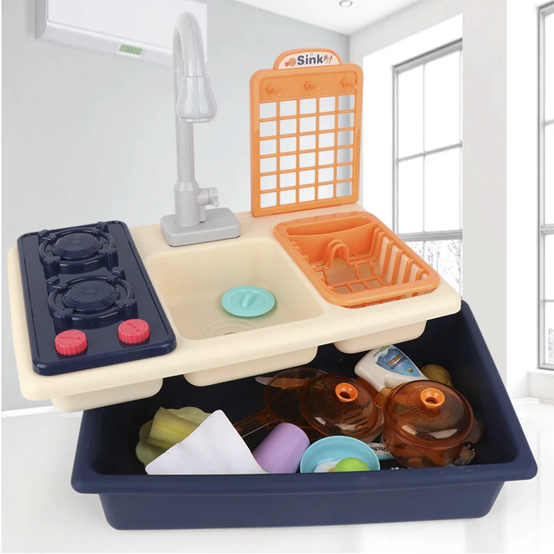 Kids Kitchen Simulation Toy Electric Sink Mini Kitchen Food Cutting and Washing Role-playing Pretend Game Toy Gift for Girl Boy