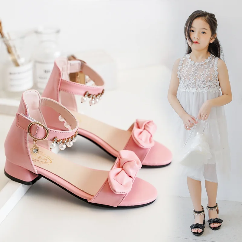 Kids Princess Heels Leather Shoes For Girls Beach Shoes Fashion Bow Crystal Bead Children Summer Sandal 3 5 6 7 8 10 11 12 Years