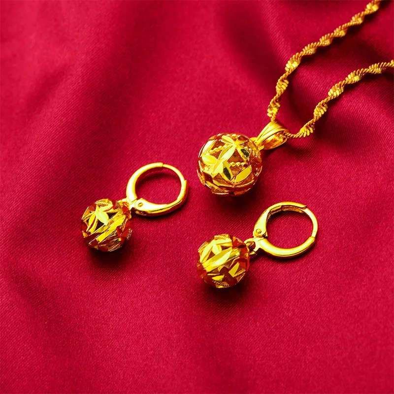 KISS&FLOWER Gold Vintage Ball Necklace Drop Earrings For Woman Birthday Wedding Party Christmas Bride Mother Ladies Gifts JS12