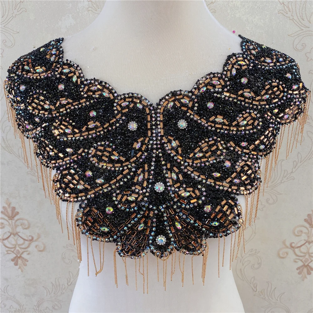 New Gold one side iron on  wedding embroidered crystal rhinestone collar necklace  appliques  with fringe