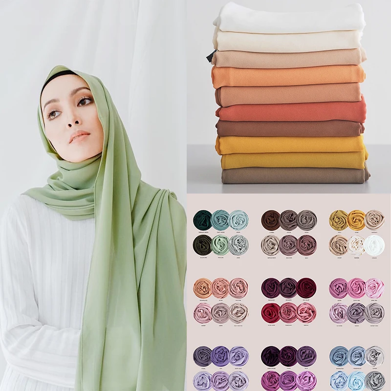 NEW Muslim Bubble Chiffon Hijab Scarf Women Solid Color Soft Long Shawls and Wraps Georgette Islamic Head Scarves Ladies Hijabs