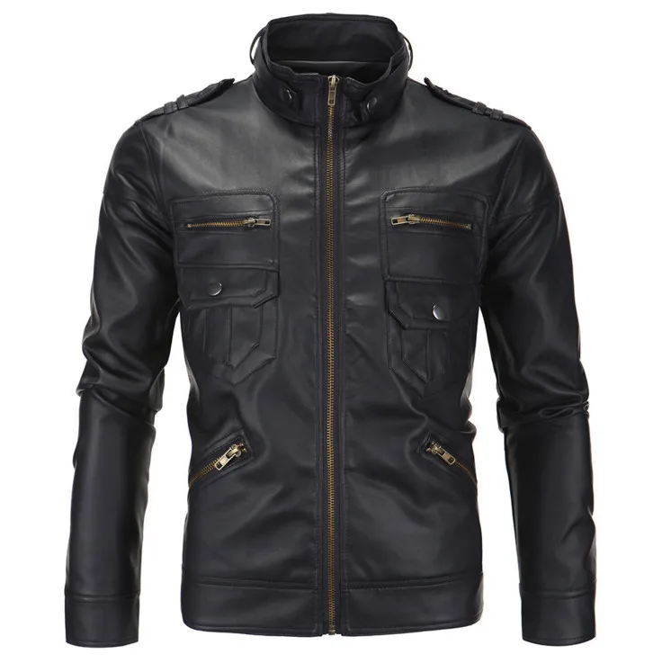 

New design Stand Collar Slim fit Men leather jackets and coats Top quality PU jackets Black Casual biker jacket