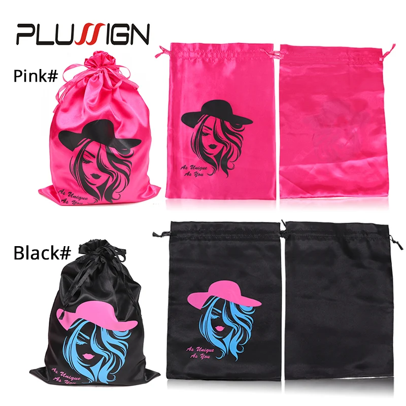 Plussign-bolsas de satén para extensiones de cabello, paquetes de cabello largo de 10x14 pulgadas, con cordón, 1 piezas, 2 piezas, 3 piezas, negro y rosa