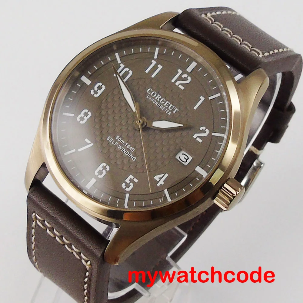 40mm Corgeut brown dial date window 316L stainless steel case brown leather strap NH35 automatic movement men's watch