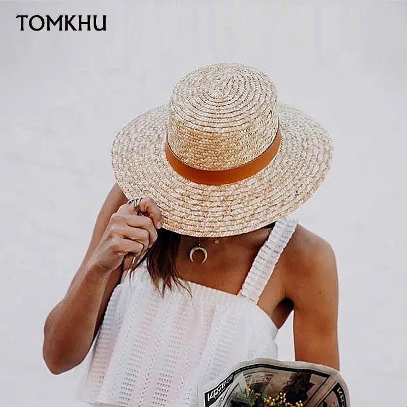 Summer Unisex Handmade Natural Wheat-Straw Women Sun Hat With Leather Strap Wide Brim Flat Top Hats Men Beach Solid Caps Sun