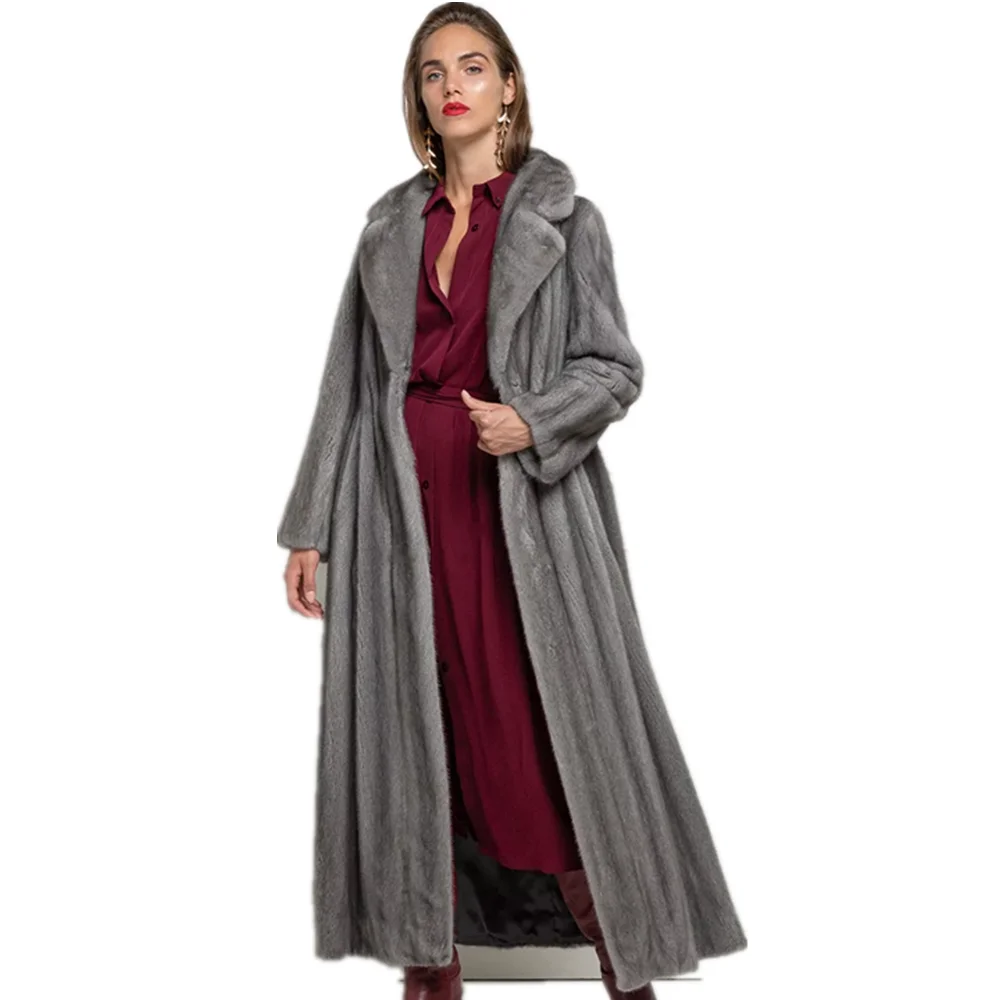 TOPFUR Real Fur Coat Women Winter Coat X-Long Natural Mink Fur Coat With Lapel Collar Gray Coat Women Leather Jacket Plus Size