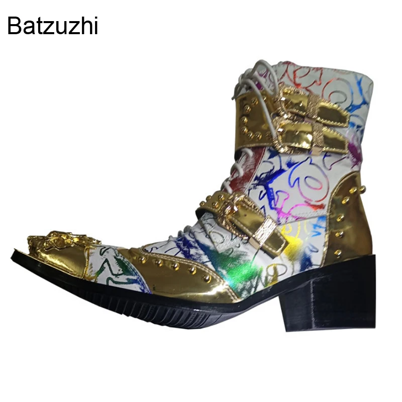 Batzuzhi Color Leather Ankle Men\'s Boots Western Cowboy Boots Men Pointed Metal Toe Lace-up 6.5cm Heels Motorcycle/Biking Boots