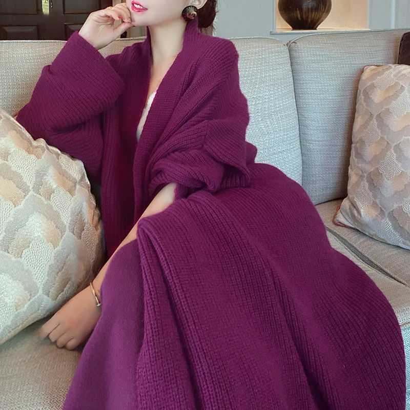 [ZAYAU]Autumn and Winter Advanced Coat Temperament Lazy Knit Rose Purple Mid-length Wool Long Sweater Women 2021