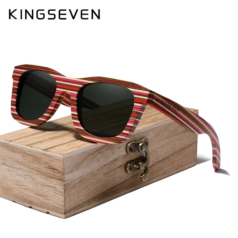 KINGSEVEN 2024 Handmade Polarized UV400 Sunglasses Women Men Layered Skateboard Full Frame Wooden Eye Protection Glasses Eyewear