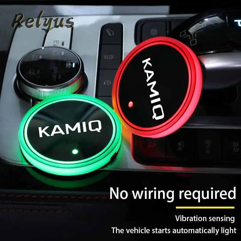 Luminous Car Water Cup Coaster Holder 7 Colorful Led Atmosphere Light USB Charging For Skoda Kamiq Auto Accessories