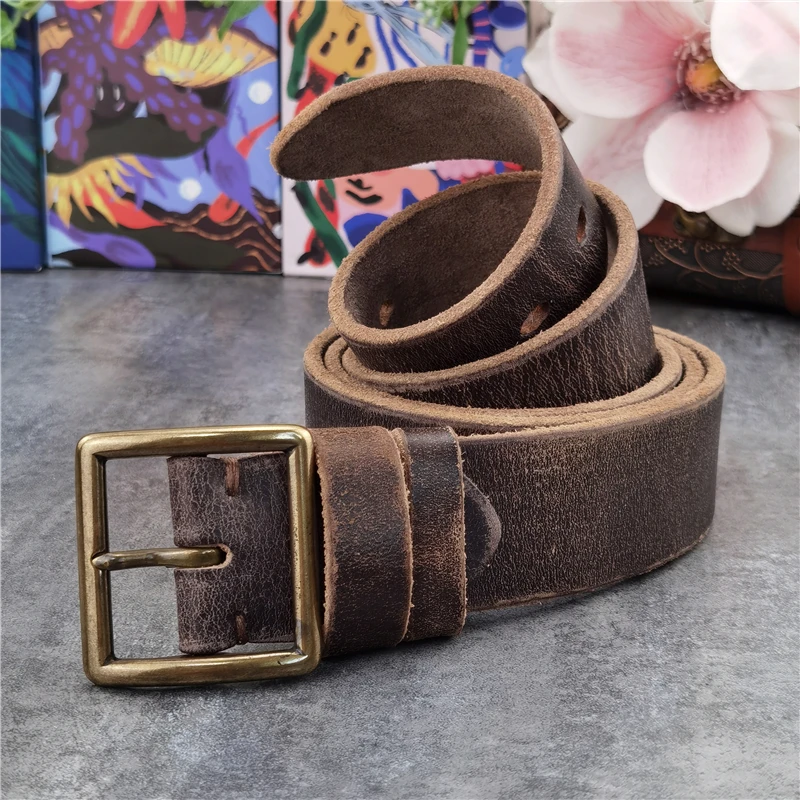 Retro  Jeans Leather Belt Men Ceinture Vintage Brass Belt Buckle Genuine Leather Belts For Men Long Waist Belt Male MBT0009