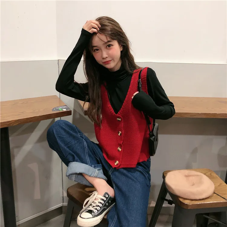 Vintage Sweater Vest Spring Autumn Winter V Neck Sleeveless Knitted Top Korean Ladies Girls Black White Green Red Yellow Vest