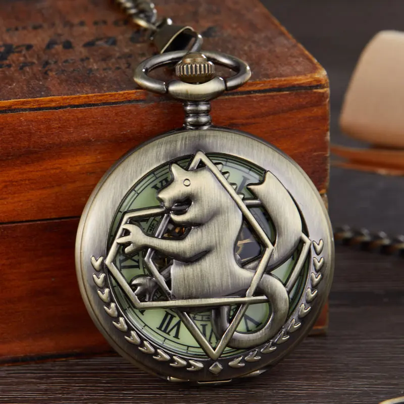 Bronze Tone Fullmetal Alchemist Mechanical Pocket Watch Mens Cosplay Edward Elric Clock Fob Necklace Chain Quartz Pocket Watch