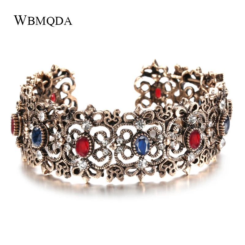 Wbmqda Charm Boho Crystal Bangles Antique Gold Adjustable Wide Cuff Bracelets For Women Statement Jewelry Party Gift Wholesale